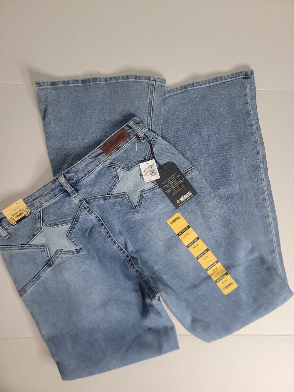 Rock & Roll Jeans 34 X 34 High Rise Flare High Rise Stars Boho Bell Bottoms NEW